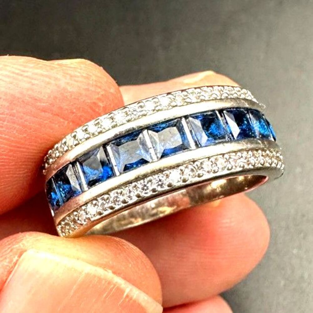 Vintage Synthetic Sapphire and CZ Diamond Ring - Sterling Silver
